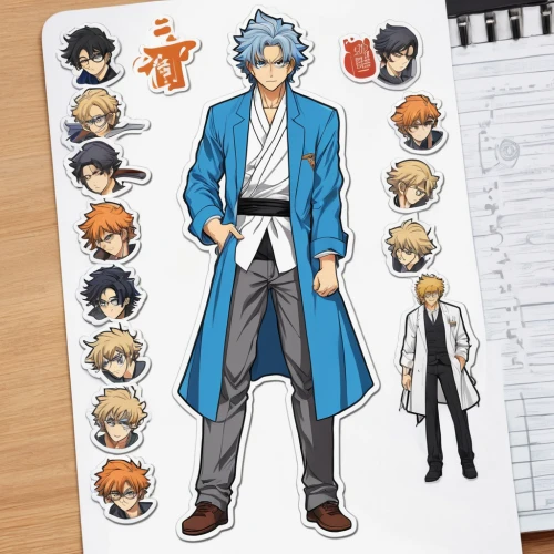 anime japanese clothing,note pad,file folder,office ruler,binder folder,taichi,main character,paper doll,codes,index cards,memo board,kanji,anime cartoon,kado,costume design,male poses for drawing,personages,male character,index card,acmon blue,Unique,Design,Sticker