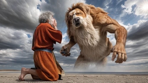 she feeds the lion,lion father,giant dog breed,two lion,biblical narrative characters,king lear,shamanic,human and animal,shamanism,great pyrenees,pyrenean shepherd,the good shepherd,ancient dog breeds,howl,lion,pyrenean mastiff,moses,king david,king shepherd,masai lion,Common,Common,Photography