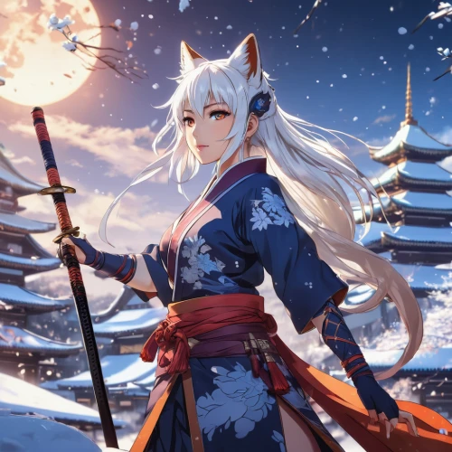 kitsune,inari,winter festival,winterblueher,winter background,kado,suit of the snow maiden,fox,glory of the snow,goki,anime japanese clothing,cat warrior,tsukemono,swordswoman,samurai,christmas snowy background,cute fox,nine-tailed,a fox,dusk background,Illustration,Japanese style,Japanese Style 03