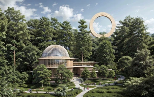 nature garden,semi circle arch,sky space concept,flower dome,eco hotel,eco-construction,futuristic landscape,utopian,futuristic architecture,garden of plants,aviary,the old botanical garden,permaculture,stargate,garden of eden,three centered arch,botanical garden,tree house hotel,palm house,round arch,Architecture,Large Public Buildings,Masterpiece,Humanitarian Modernism