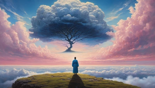 ascension,lone tree,sky,equilibrium,world digital painting,fall from the clouds,transcendence,surrealism,transcendental,cloud image,above the clouds,nature and man,isolated tree,distant vision,enlightenment,becoming,train of thought,creation,surrealistic,parallel world,Photography,General,Natural