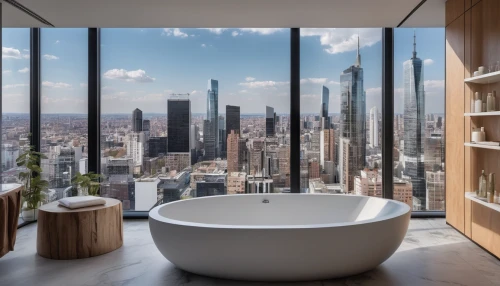 luxury bathroom,modern minimalist bathroom,penthouse apartment,shower bar,bathtub,sky apartment,luxury real estate,panoramic views,hudson yards,chicago skyline,bathroom,tub,with a view,bath,wash basin,above the city,glass wall,manhattan skyline,luxury property,baths,Photography,Fashion Photography,Fashion Photography 06