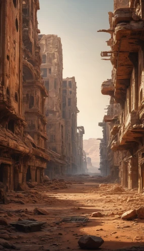 ancient city,petra,post-apocalyptic landscape,karnak,destroyed city,human settlement,barren,futuristic landscape,ancient buildings,post apocalyptic,sandstorm,desolation,dystopian,the ruins of the,the ancient world,alien planet,anasazi,wasteland,riad,digital compositing,Photography,General,Natural