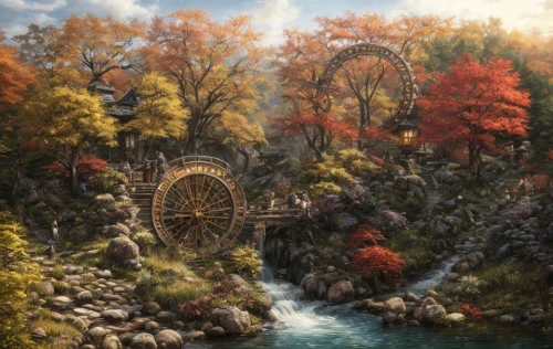 water wheel,autumn landscape,fall landscape,water mill,old mill,fantasy landscape,potter's wheel,autumn idyll,fantasy picture,autumn forest,the autumn,wishing well,autumn scenery,round autumn frame,dutch mill,fantasy art,autumn theme,autumn background,autumn day,fantasy world,Game Scene Design,Game Scene Design,Japanese Magic