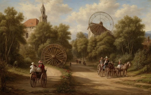 straw carts,girl with a wheel,the windmills,velocipede,straw cart,handcart,rural landscape,dutch landscape,bicycle wheel,village scene,windmills,farm landscape,dutch windmill,oxcart,windmill,covered wagon,wheel,wind mill,rim of wheel,hunting scene,Game Scene Design,Game Scene Design,Renaissance