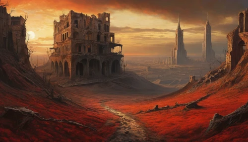 post-apocalyptic landscape,scorched earth,fantasy landscape,red planet,red earth,futuristic landscape,red cliff,destroyed city,volcanic landscape,desolation,ancient city,valley of death,burning earth,barren,world digital painting,red sand,wasteland,landscape red,volcanic field,fantasy picture,Photography,General,Natural
