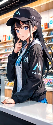 cashier,convenience store,retail,adidas,deli,kotobukiya,kitchen shop,mc,hatsune miku,nico,e-gas station,barista,tracksuit,harajuku,honmei choco,bakery,icy snack,counter,grocery,cyan,Anime,Anime,General