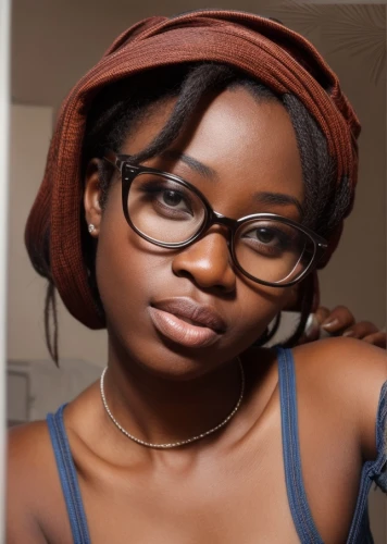 maria bayo,ebony,with glasses,artificial hair integrations,reading glasses,lace round frames,nigeria woman,glasses,african-american,silver framed glasses,beret,spectacles,girl wearing hat,portrait background,short sightedness,beanie,dark chocolate,sighetu marmatiei,headscarf,lace wig,Common,Common,Photography