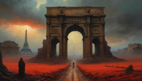 arc de triomphe,necropolis,post-apocalyptic landscape,door to hell,city in flames,apocalyptic,desolation,scorched earth,sepulchre,hall of the fallen,pillar of fire,destroyed city,valley of death,monolith,red planet,the ruins of the,the end of the world,paris,triumphal arch,apocalypse,Photography,General,Natural