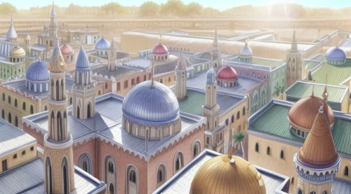 roof domes,hamelin,fantasy city,mosques,fairy tail,riad,hogwarts,roofs,new castle,castle of the corvin,city palace,basil's cathedral,grand mosque,pink city,big mosque,fairy tale castle,disney castle,hanseatic city,the royal palace,minarets