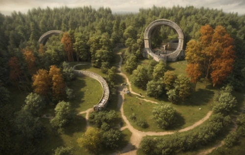 semi circle arch,elven forest,cartoon forest,dragon bridge,tree top path,hairpins,winding roads,environmental art,winding road,druid grove,forest path,hobbiton,hiking path,highway roundabout,stone circles,the forests,bicycle path,the mystical path,earthworks,heaven gate,Game Scene Design,Game Scene Design,Medieval