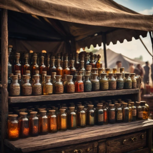 medieval market,market stall,vendors,spice market,stalls,marketplace,apothecary,mustard oil,colored spices,vendor,honey products,potions,glass bottles,spice souk,indian spices,bottles of essential oils,amazonian oils,gas bottles,perfume bottles,spices,Photography,General,Fantasy
