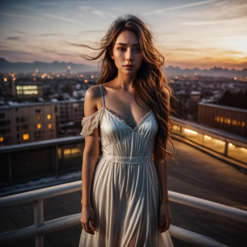 girl in a long dress,girl in white dress,long dress,on the roof,a girl in a dress,girl in a long dress from the back,strapless dress,evening dress,torn dress,romantic portrait,nightgown,portrait photography,paris balcony,young woman,rooftop,beautiful young woman,cocktail dress,romantic look,white dress,beautiful woman