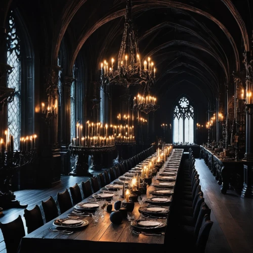 hogwarts,long table,fine dining restaurant,dining room,candle light dinner,restaurant bern,exclusive banquet,hotel de cluny,tablescape,candlelights,ornate room,dining,dining table,dandelion hall,breakfast room,dinner party,table setting,dining room table,doge's palace,hall of the fallen,Illustration,Realistic Fantasy,Realistic Fantasy 46