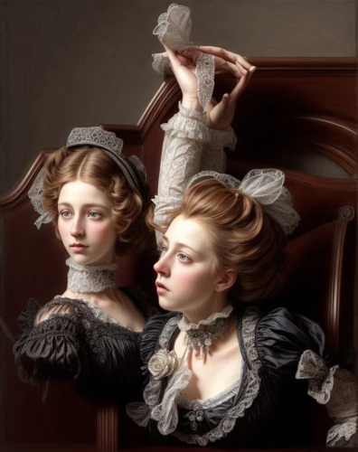 victorian style,victorian lady,porcelain dolls,rococo,gothic portrait,victorian fashion,the victorian era,bougereau,joint dolls,portrait of a girl,french silk,two girls,young women,crinoline,romantic portrait,orsay,neoclassical,woman sitting,xix century,girl sitting,Common,Common,Natural