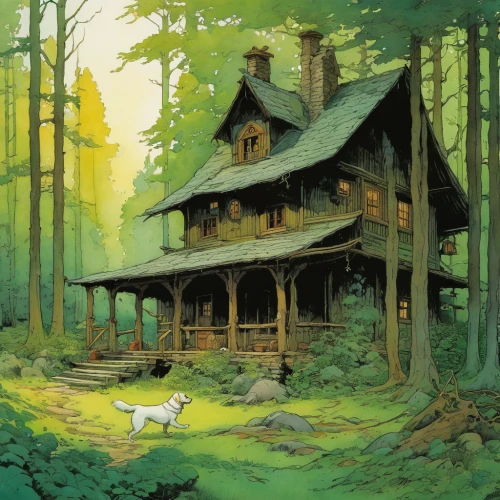 house in the forest,log home,witch's house,cottage,log cabin,summer cottage,little house,witch house,wooden house,lonely house,country cottage,studio ghibli,house in mountains,the cabin in the mountains,home landscape,house in the mountains,old home,small house,small cabin,treehouse,Illustration,Realistic Fantasy,Realistic Fantasy 04