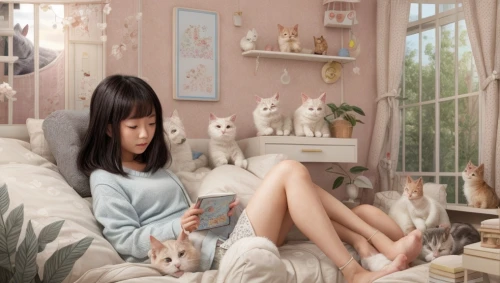 girl with dog,the little girl's room,cat's cafe,girl sitting,anime 3d,doll house,doll kitchen,playing room,3d fantasy,dollfie,doll cat,girl studying,cat lovers,soft pastel,japanese doll,studio ghibli,girl in a long,pet,girl with cereal bowl,dream world,Common,Common,Natural