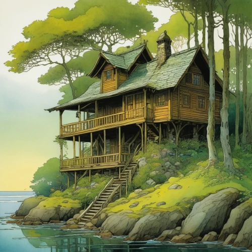 house by the water,summer cottage,house with lake,cottage,wooden house,fisherman's house,log home,tree house,summer house,house in the forest,stilt house,tree house hotel,floating huts,house of the sea,treehouse,studio ghibli,beach house,houseboat,home landscape,dunes house,Illustration,Realistic Fantasy,Realistic Fantasy 04