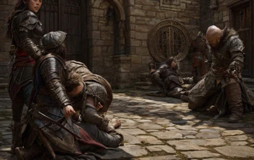 assassins,hall of the fallen,confrontation,musketeers,medieval,guards of the canyon,a meeting,hanging elves,the fallen,castleguard,aesulapian staff,role playing game,kneeling,card game,merchant,guard,clergy,monks,assassin,kadala,Game Scene Design,Game Scene Design,Renaissance