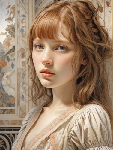 portrait of a girl,young girl,mystical portrait of a girl,girl portrait,child portrait,romantic portrait,girl with cloth,young woman,emile vernon,fantasy portrait,oil painting,painter doll,bougereau,young lady,girl in cloth,rococo,girl in a long,baroque angel,artist portrait,girl with bread-and-butter
