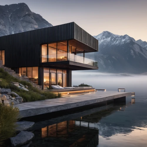 house by the water,house with lake,modern architecture,lago grey,swiss house,floating huts,dunes house,house in mountains,house in the mountains,modern house,cube stilt houses,cubic house,beautiful buildings,beautiful home,luxury property,lake minnewanka,futuristic architecture,cube house,architecture,corten steel,Photography,General,Natural