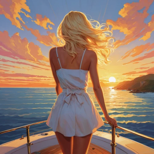 girl on the boat,at sea,sailing,scarlet sail,sun and sea,sea fantasy,sea breeze,world digital painting,sail,boating,seafaring,sunset,boat ride,boat operator,boat trip,boat landscape,oil painting on canvas,art painting,on a yacht,boat,Illustration,Vector,Vector 03