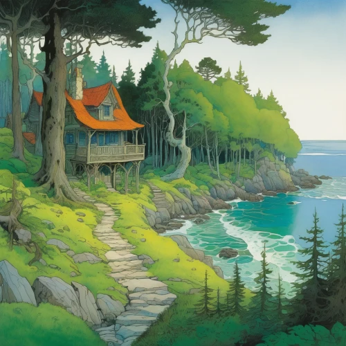 summer cottage,coastal landscape,studio ghibli,cottage,home landscape,seaside country,house in the forest,beach landscape,house by the water,an island far away landscape,mountain beach,peninsula,seaside view,summer house,seaside resort,landscape background,house with lake,idyllic,sea landscape,house in mountains,Illustration,Realistic Fantasy,Realistic Fantasy 04