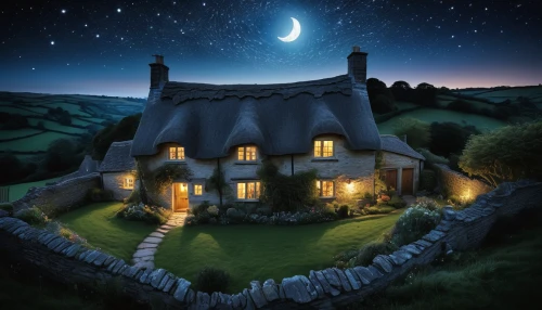 witch's house,houses clipart,ancient house,night scene,home landscape,moonlit night,country cottage,hobbiton,house silhouette,children's fairy tale,stone house,witch house,stone houses,lonely house,little house,moonlit,fantasy picture,thatched cottage,house painting,cottage,Conceptual Art,Fantasy,Fantasy 20