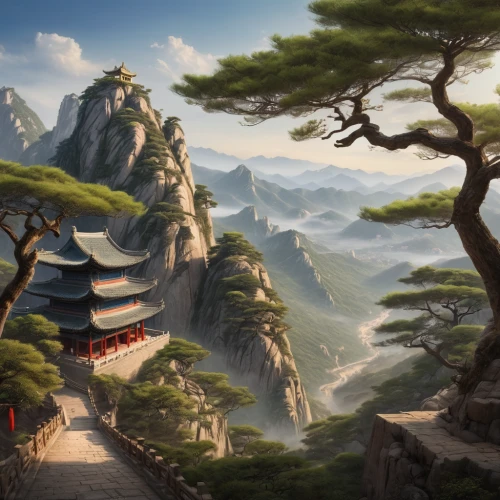 tigers nest,huashan,huangshan mountains,mountain scene,mountain landscape,world digital painting,yunnan,chinese temple,chinese background,huangshan maofeng,mountainous landscape,japan landscape,oriental painting,fantasy landscape,meteora,mount scenery,landscape background,chinese art,japanese mountains,south korea