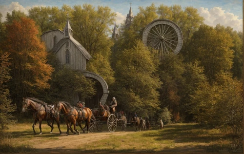 autumn chores,old wagon train,rural landscape,the windmills,straw carts,grain harvest,old windmill,threshing,covered wagon,scythe,rural,iron wheels,carpathian bells,rim of wheel,dutch mill,windmill,handcart,girl with a wheel,man and horses,horses,Game Scene Design,Game Scene Design,Medieval