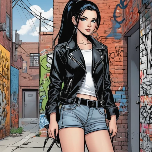 harley,comic style,comic book,jean shorts,clove,comic character,veronica,background ivy,comicbook,birds of prey-night,marvel comics,wonder woman city,jeans background,comic books,leather jacket,super heroine,alleyway,catwoman,beatnik,fashionable girl,Illustration,American Style,American Style 13