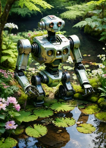 lawn mower robot,japanese garden ornament,minibot,garden ornament,lawn ornament,military robot,mech,bot,mecha,robotics,automation,robot,soft robot,garden sculpture,automated,robotic,autonomous,artificial intelligence,perched on a log,robots,Photography,General,Natural