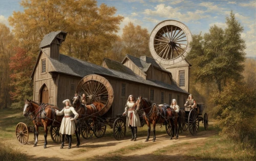 covered wagon,dutch mill,flour mill,pilgrims,church painting,straw carts,the windmills,girl with a wheel,riding school,straw cart,water mill,old mill,autumn chores,historic windmill,wind mill,grain harvest,wagons,potter's wheel,wind mills,wind machines,Game Scene Design,Game Scene Design,Medieval