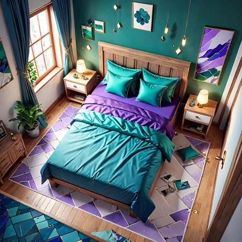 bedroom,sleeping room,great room,blue room,geometric style,blue pillow,color turquoise,interior design,loft,modern room,ornate room,bed frame,bedding,guest room,3d rendering,boy's room picture,interior decoration,turquoise wool,danish room,duvet cover,Anime,Anime,General