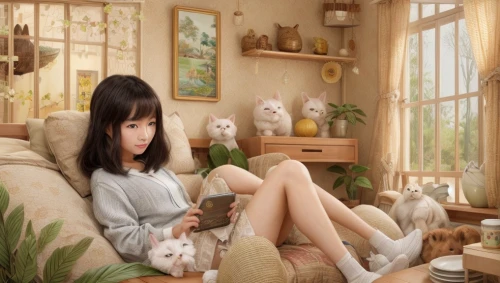 girl sitting,cat's cafe,girl with dog,anime 3d,cat furniture,girl studying,relaxed young girl,woman sitting,girl with cereal bowl,soft furniture,girl in a long,dog cafe,sitting on a chair,japanese doll,digital compositing,studio ghibli,girl at the computer,japanese woman,playing room,anime japanese clothing,Common,Common,Natural