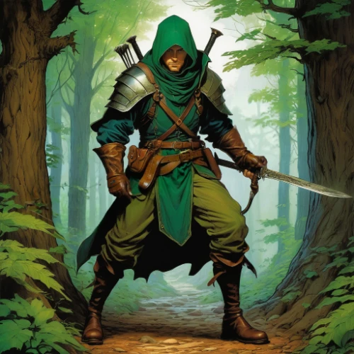 robin hood,patrol,hooded man,quarterstaff,the wanderer,forest man,aa,aaa,druid,heroic fantasy,link,swordsman,cleanup,male elf,assassin,druid grove,woodsman,dane axe,longbow,awesome arrow