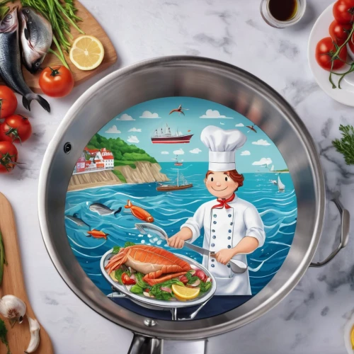 bouillabaisse,cooking book cover,seafood counter,nabemono,sea foods,cookware and bakeware,paella,stir fried fish with sweet chili,porthole,sicilian cuisine,sea food,food steamer,seafood in sour sauce,fish products,food and cooking,cuisine classique,sauté pan,nautical clip art,carpaccio,two-handled sauceboat,Illustration,Realistic Fantasy,Realistic Fantasy 19