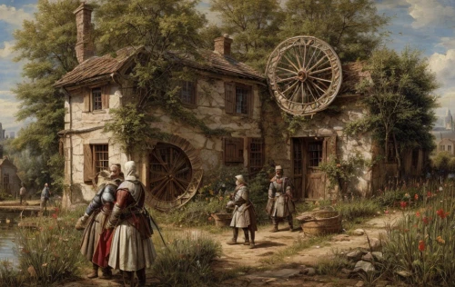 girl with a wheel,woman at the well,village scene,dutch mill,pilgrims,water mill,water wheel,old mill,old windmill,village life,country cottage,idyll,woman house,rural landscape,flower cart,the windmills,post mill,windmill,round house,mill,Game Scene Design,Game Scene Design,Renaissance