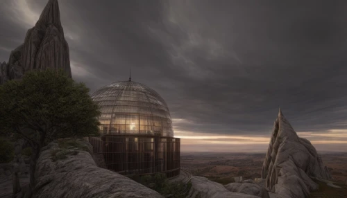 observatory,haunted cathedral,myst,risen church,monastery,roof domes,granite dome,the black church,devil's tower,planetarium,mausoleum ruins,temple fade,mortuary temple,cathedral,gothic church,futuristic landscape,black church,castle of the corvin,templedrom,abandoned places,Common,Common,Natural