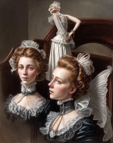victorian fashion,doll looking in mirror,victorian lady,victorian style,porcelain dolls,the victorian era,gothic portrait,mirror image,portrait of a girl,joint dolls,the angel with the veronica veil,crinoline,two girls,the mirror,debutante,young women,women's clothing,mirror reflection,vintage women,bodice,Common,Common,Natural