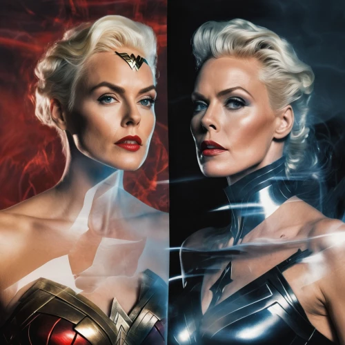 trinity,beauty icons,charlize theron,birds of prey,banner set,superhero background,femme fatale,captain marvel,justice league,aging icon,superheroes,birds of prey-night,duality,digital compositing,power icon,sustainability icons,retouching,angel and devil,wonder woman city,super heroine,Photography,Artistic Photography,Artistic Photography 07