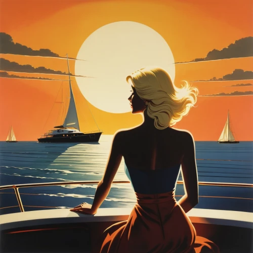 travel poster,art deco woman,girl on the boat,scarlet sail,retro women,woman silhouette,vintage illustration,art deco,on a yacht,sailing orange,seafaring,the sea maid,the beach pearl,at sea,retro woman,vintage couple silhouette,retro pin up girl,vintage art,ocean liner,sailing,Illustration,Vector,Vector 09