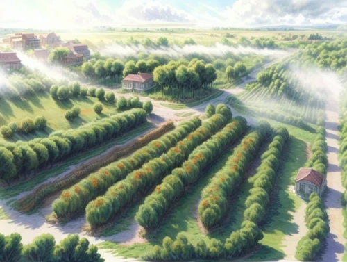 chestnut forest,sakura trees,green valley,yamada's rice fields,fruit fields,aurora village,tree grove,grape plantation,wine-growing area,the valley of the,olive grove,coniferous forest,orchards,the forests,forest ground,temperate coniferous forest,ash-maple trees,apple plantation,panoramical,spruce-fir forest