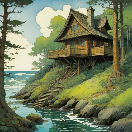 summer cottage,house with lake,house by the water,cottage,log home,fisherman's house,wooden house,house in the forest,studio ghibli,the cabin in the mountains,log cabin,house in mountains,wooden houses,house in the mountains,home landscape,small cabin,boathouse,treehouse,tree house,summer house,Illustration,Realistic Fantasy,Realistic Fantasy 04