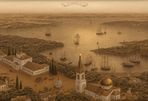 constantinople,airships,ottoman,caravel,game illustration,naval battle,sailing ships,greek orthodox,sea fantasy,genesis land in jerusalem,oriental painting,ancient city,bosphorus,khokhloma painting,digiscrap,mosques,lev lagorio,shipyard,sepia,vintage background,Architecture,Urban Planning,Aerial View,Urban Design