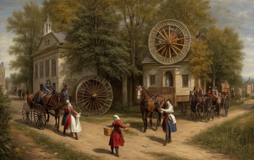 straw carts,village scene,dutch mill,straw cart,girl with a wheel,wagons,covered wagon,pilgrims,petersburg,street scene,church painting,handcart,velocipede,hunting scene,iron wheels,autumn chores,wooden carriage,harvest festival,flower cart,old wheel,Game Scene Design,Game Scene Design,Renaissance