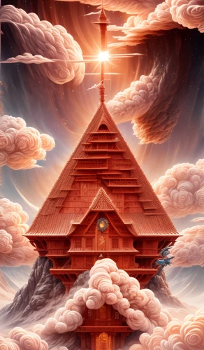 wooden church,russian pyramid,temples,red roof,cloud mountain,freemasonry,temple fade,ancient house,fairy chimney,world digital painting,red barn,roof landscape,witch's house,tower of babel,attic,beacon,wooden hut,temple,log cabin,house roof