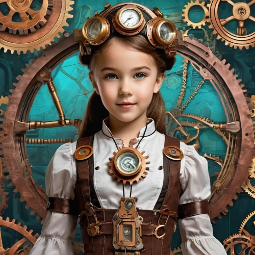steampunk,steampunk gears,clockmaker,girl with a wheel,watchmaker,clockwork,switchboard operator,mystical portrait of a girl,grandfather clock,cogs,young girl,child portrait,vintage girl,the little girl,cog,girl in a historic way,fairy tale character,girl scouts of the usa,vintage boy and girl,children's background,Conceptual Art,Fantasy,Fantasy 25