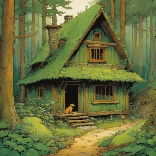 house in the forest,little house,cottage,witch's house,summer cottage,studio ghibli,lonely house,log home,small house,wooden house,small cabin,witch house,log cabin,tree house,old home,fairy house,cabin,wooden hut,home landscape,bird house,Illustration,Realistic Fantasy,Realistic Fantasy 04