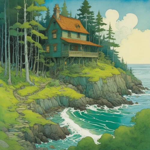 summer cottage,cottage,house by the water,house with lake,beach house,coastal landscape,house in the forest,seaside country,fisherman's house,home landscape,maine,seaside resort,beachhouse,summer house,house in mountains,beach landscape,log home,seaside view,peninsula,holiday home,Illustration,Realistic Fantasy,Realistic Fantasy 04